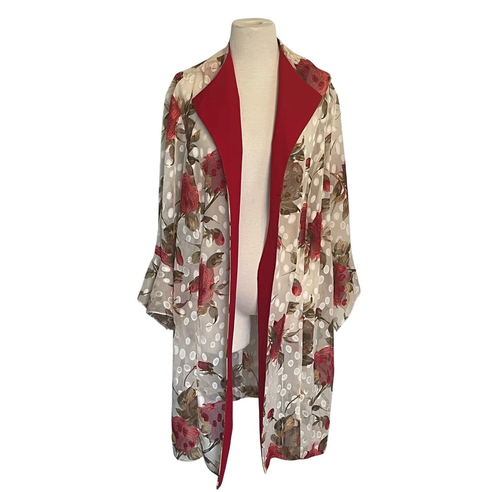 Vintage Women's Sheer Garden Floral Polka Dot Kimono Jacket Red Trim 20W Roses